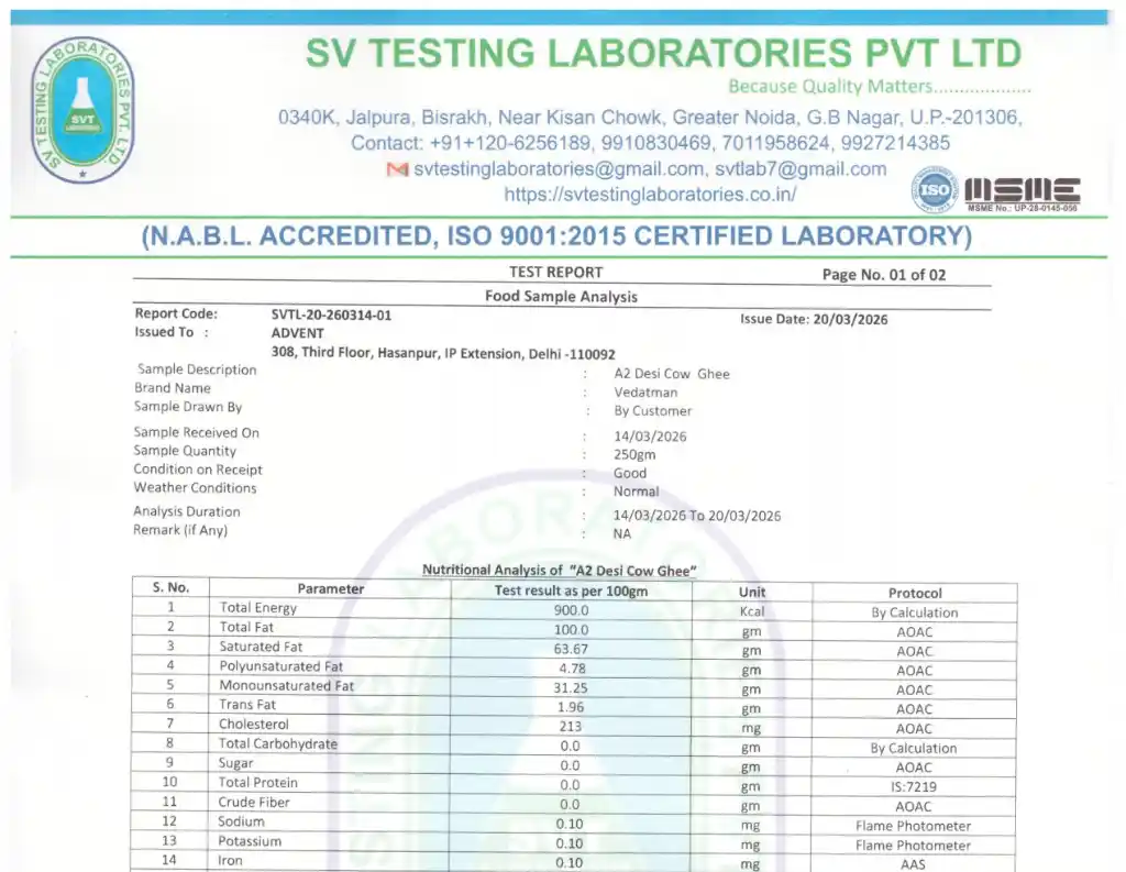Vedatman A2 Cow Ghee Lab Test Report