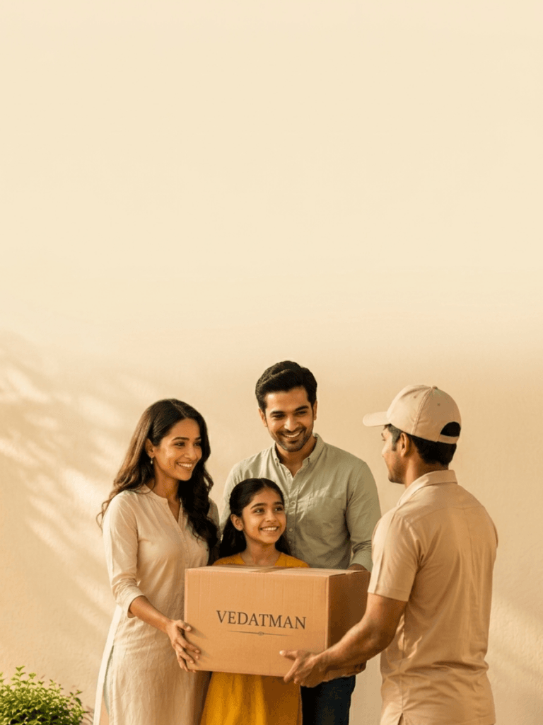 Happy Indian family receiving a Vedatman order at their doorstep, representing trusted delivery of authentic A2 Bilona Desi Ghee and traditional Indian products.